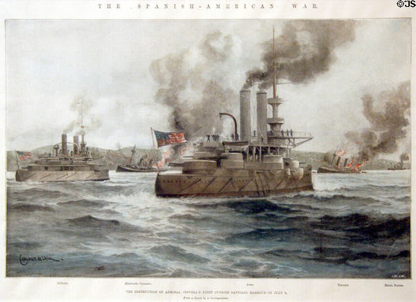 Engraving (1898) of U.S. Naval ships destruction on Spanish Admiral Cervera's fleet at Santiago, Cuba Harbor (July 3, 1898) during Spanish American War from Hampton Roads Naval Museum at Nauticus. Norfolk, VA.