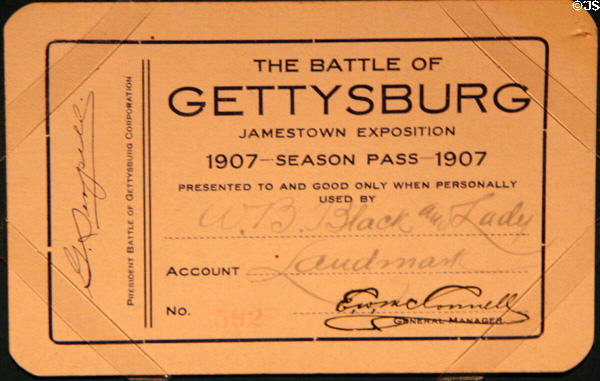 Jamestown Exposition of 1907 season pass for Battle of Gettysburg show from Hampton Roads Naval Museum at Nauticus. Norfolk, VA.