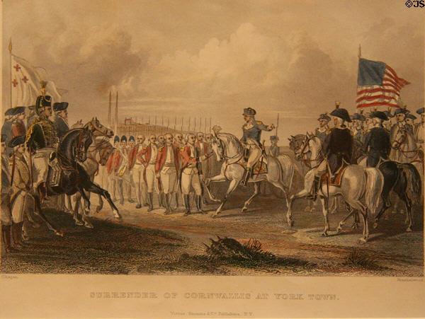 Graphic of Surrender of Cornwallis at York Town by Virtue, Emmine & Co of New York at Hampton Roads Naval Museum. Norfolk, VA.