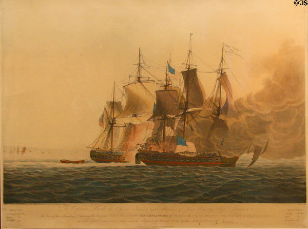 Engraving of Capture of U.S. Frigate Chesapeake by the Shannon off Boston during War of 1812 by Joseph Jeakes at Hampton Roads Naval Museum. Norfolk, VA.