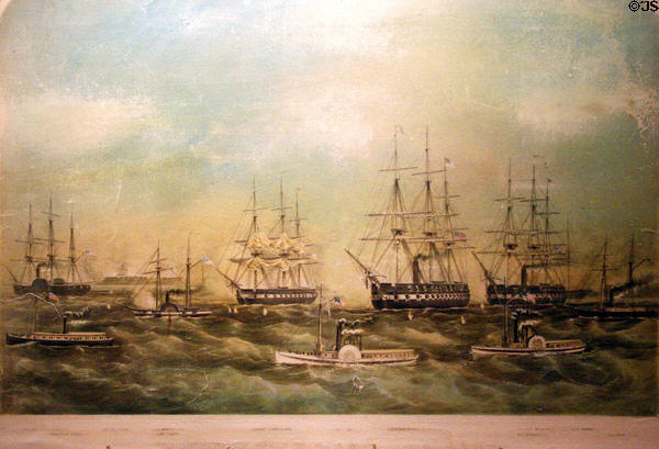 Graphic of Bombardment of Forts Hatteras & Clark by U.S. Fleet (1861) at Hampton Roads Naval Museum. Norfolk, VA.