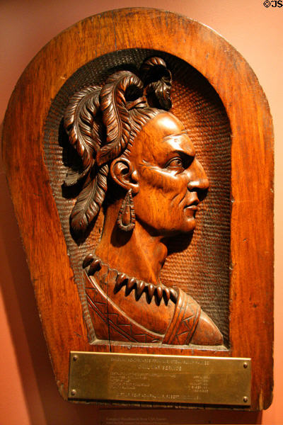 Indian head carving from gangway of Civil-War era U.S. Steam Sloop Pawnee at Hampton Roads Naval Museum. Norfolk, VA.