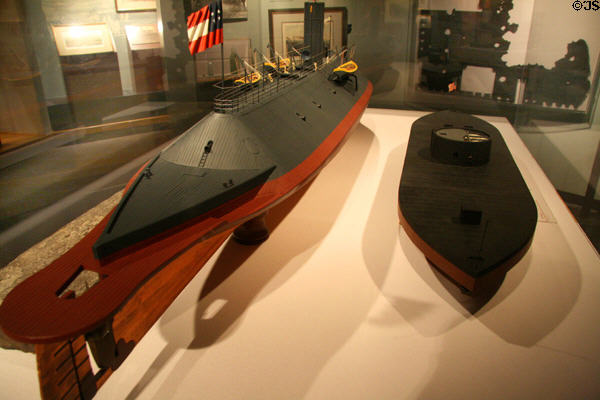 Models of iron clads CSS Virginia (converted from USS Merrimack (Merrimac)) & USS Monitor at Hampton Roads Naval Museum. Norfolk, VA.