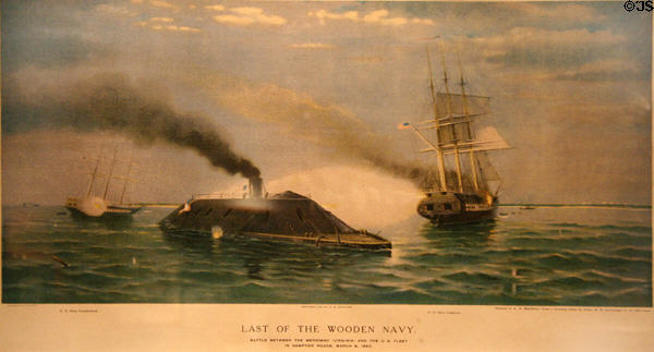 Graphic of iron clad CSS Virginia (Merrimac) battle with U.S. fleet in Hampton Roads (March 8, 1862) 