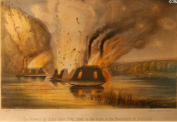 Graphic of The Blowing up of the James River Fleet on the night of the Evacuation of Richmond (April 2, 1865) by Hoen & Co. at Hampton Roads Naval Museum. Norfolk, VA.