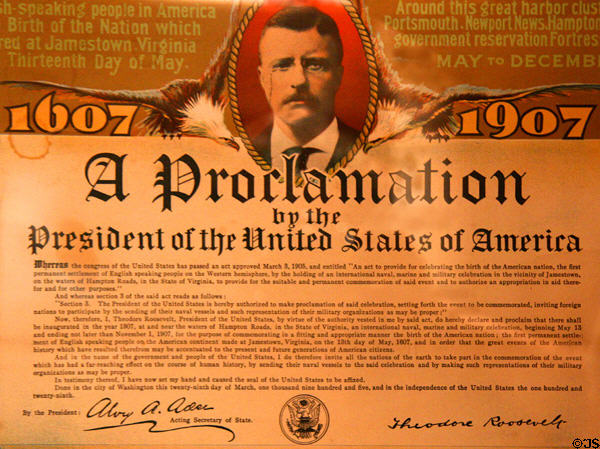 President Teddy Roosevelt Proclamation detail on Jamestown Exposition (1907) poster at Hampton Roads Naval Museum. Norfolk, VA.
