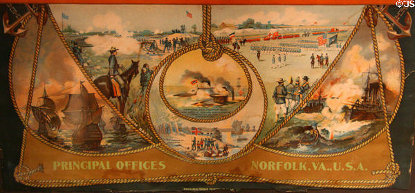 Historic reenactments detail on Jamestown Exposition (1907) poster at Hampton Roads Naval Museum. Norfolk, VA.