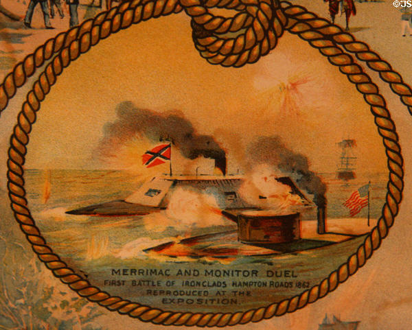 Monitor & Merrimac reenactments detail on Jamestown Exposition (1907) poster at Hampton Roads Naval Museum. Norfolk, VA.