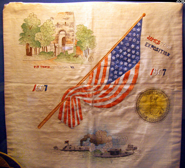 Jamestown Exposition (1907) souvenir pillow case at Hampton Roads Naval Museum. Norfolk, VA.