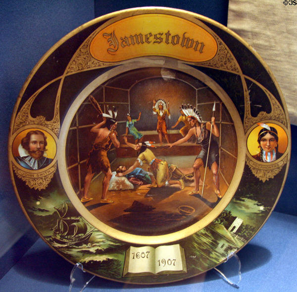 Jamestown Exposition (1907) souvenir John Smith & Pocahontas plate at Hampton Roads Naval Museum. Norfolk, VA.