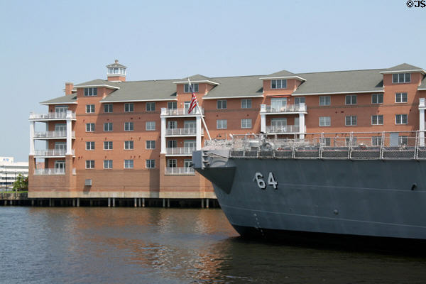 Battleship Wisconsin & flanking apartment building. Norfolk, VA.