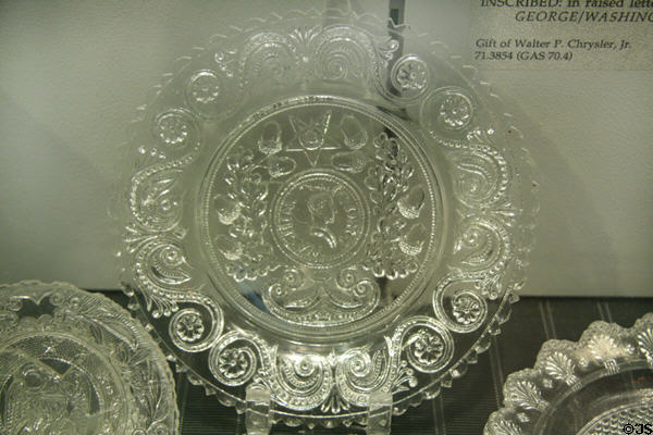 Pressed glass George Washington plate (c1830-40) at Chrysler Museum of Art. Norfolk, VA.