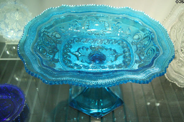 American lacy pressed blue glass compote (1830-45) at Chrysler Museum of Art. Norfolk, VA.