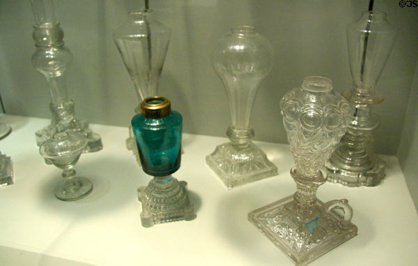 Collection of early American glass lighting devices (c1830-45) at Chrysler Museum of Art. Norfolk, VA.