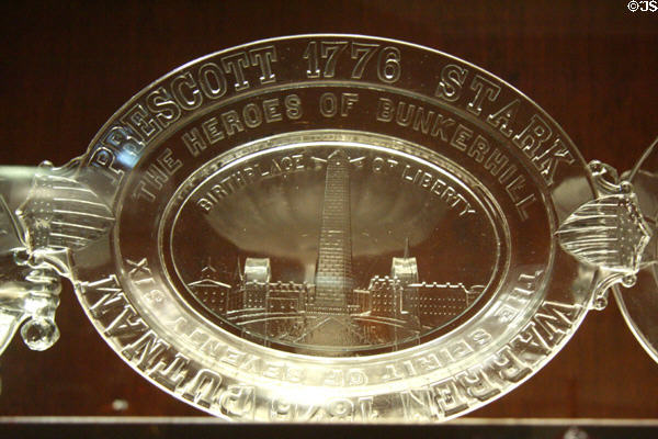 American Centennial souvenir pressed glass plate (1876) marks Bunker Hill at Chrysler Museum of Art. Norfolk, VA.