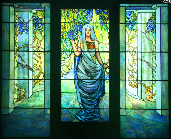 Stained glass window of Woman in Pergola with Wisteria (c1915) by Tiffany Studios at Chrysler Museum of Art. Norfolk, VA.