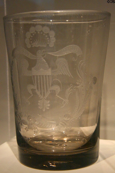 Engraved glass tumbler (1792) with Great Seal of the United States made by New Bremen Glassmanufactory, Frederick, MD at Chrysler Museum of Art. Norfolk, VA.