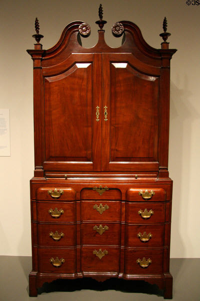Mahogany & pine block front clothes press (1760-70) made in Boston, MA at Chrysler Museum of Art. Norfolk, VA.