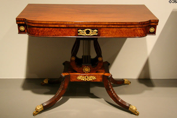 Mahogany, oak & cherry card table with lyre support (1820-25) made in Philadelphia, PA at Chrysler Museum of Art. Norfolk, VA.