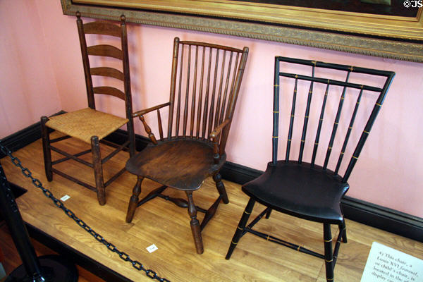 American chairs (late 18th C) owned by Elizabeth & James Monroe at Ash Lawn: ladder back, Windsor arm, rod-back Windsor side chairs. Charlotttesville, VA.