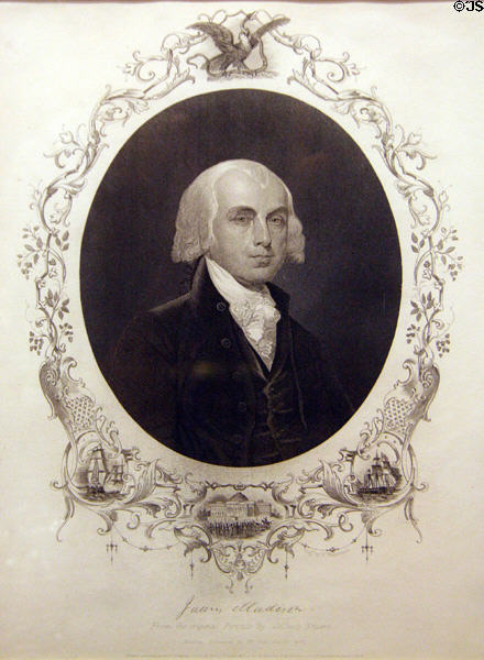 Graphic of President James Madison after Gilbert Stuart by W. Wellstood of Martin, Johnson & Co., New York at James Madison Museum. Orange, VA.