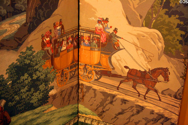 Horse-drawn coach on rails on views of America wallpaper (c1815-30) by Jean Zuber & Co. of Paris. Orange, VA.