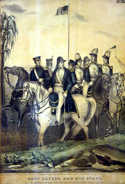 Graphic of Gen. Zachary Taylor & his staff before Battle of Buena Vista (Feb. 23, 1847) by E.C. Kellogg at James Madison Museum. Orange, VA.