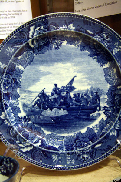 Wedgwood Memorial Plate (1899) of Emanuel Leutze's Washington Crossing the Delaware which includes Lt. James Monroe (later President) who had actually gone ahead of Washington at James Madison Museum. Orange, VA.