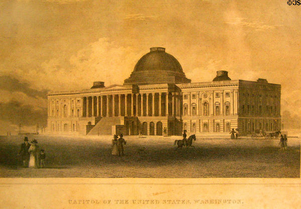 U.S. Capitol, with short round dome as originally built, engraving (early 1800s) by A. Andres Sr. at James Madison Museum. Orange, VA.