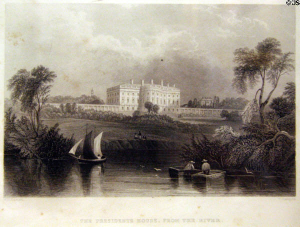 President's House from the River (Potomac) engraving (early 1800s) at James Madison Museum. Orange, VA.