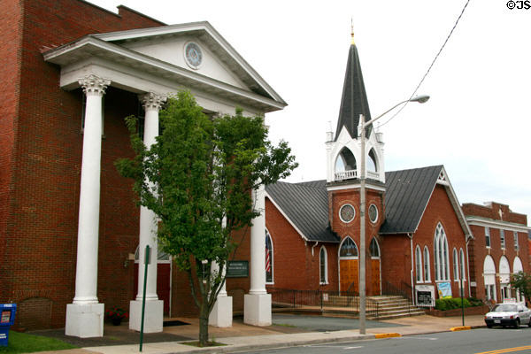 Neoclassical Independent Orange Lodge Masonic Temple & NeoGothic Trinity United Methodist Church (on Main St.). Orange, VA.