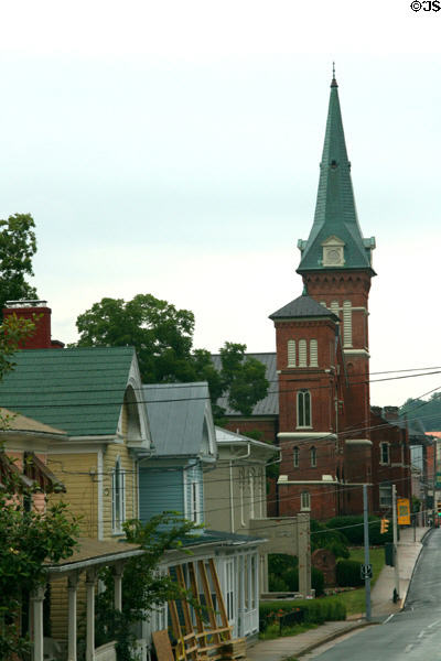 First Presbyterian Church (1872) & Frederick Streetscape. Staunton, VA. Style: Romanesque Revival.