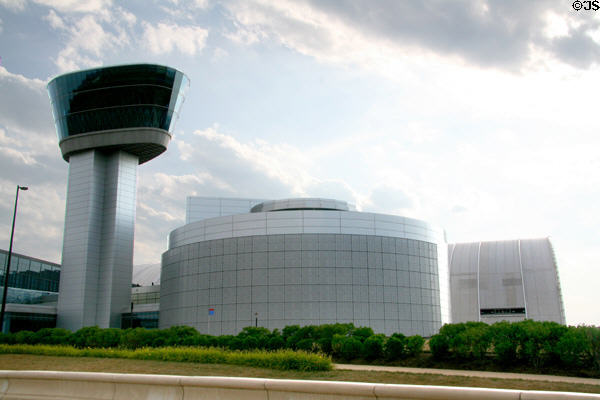 Observation tower & round Imax Theater of National Air & Space Museum, Udvar-Hazy Center. Chantilly, VA.