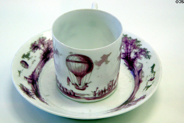 French porcelain cup & saucer (c1780) showing early balloon flight at National Air & Space Museum. Chantilly, VA.