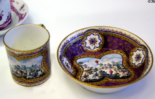 Sèvres French porcelain cup & saucer (c1785) showing balloon flight of J.A.C. Charles (Dec. 1, 1783) at National Air & Space Museum. Chantilly, VA.