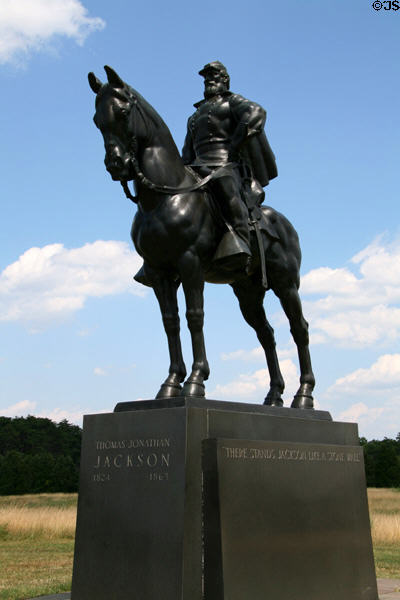 Statue of Thomas Jonathan Jackson who got the name Stonewall for standing firm at the first battle of Manassas (July 21, 1861). Manassas, VA.