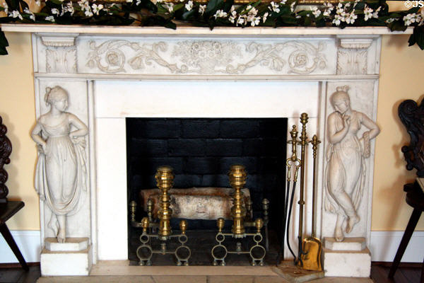 Carved marble fireplace in entrance hall of Morven Park. Leesburg, VA.
