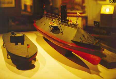 Models of Civil War Ironclads USS Monitor (left) & CSS Virginia (formerly USS Merrimac) in Hampton Road Naval Museum. Norfolk, VA.