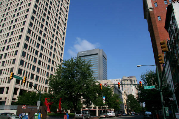 Streetscape of E. Main St. with Bank of America & Sun Trust Towers over heritage commercial buildings. Richmond, VA.