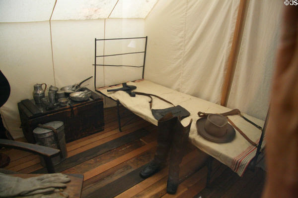 Tent, camp bed, boots, hat, & chest with eating utensils owned by Gen. Robert E. Lee at Museum of the Confederacy. Richmond, VA.