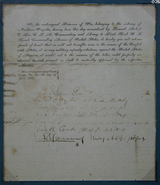 Signature page from original duplicate parole list signed at Appomattox surrender at Museum of the Confederacy. Richmond, VA.