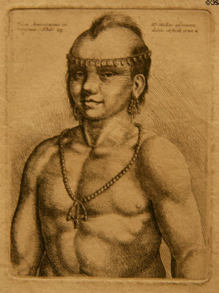 Etching (1645) of Native American man by Wenceslaus Hollar of Antwerp modeled on Munsee Delaware taken from New Amsterdam (1644) at Museum of Virginia History. Richmond, VA.