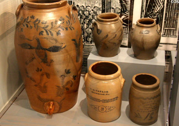Salt-glassed stoneware pottery (mid 19thC) made in Virginia at Museum of Virginia History. Richmond, VA.
