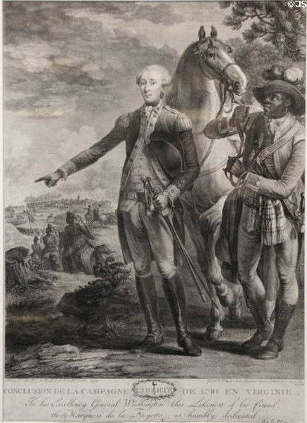 Graphic of Marquiss de Lafayette with James, his African Virginian body servant, at the conclusion of Virginia campaign (c1781) at Museum of Virginia History. Richmond, VA.