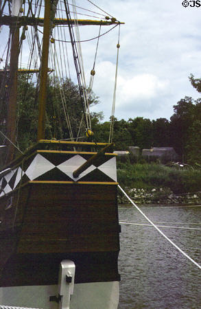 Stern of ship Godspeed against stockade of Jamestown Settlement. VA.