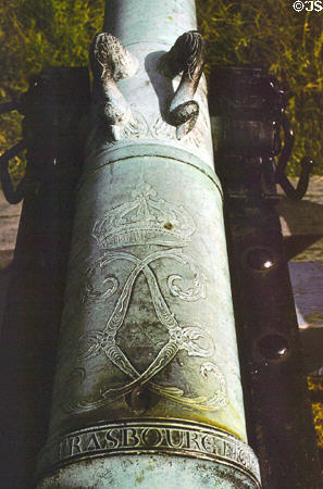French cannon made in Strasburg in 1761 on Yorktown Battlefield. Yorktown, VA.