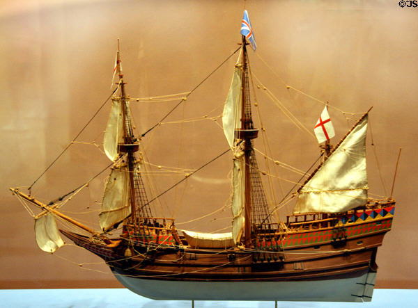 Model of Susan Constant 120- ton sailing ship captained by Christopher Newport which carried 71 settlers in Jamestown National Park Museum. Jamestown, VA.