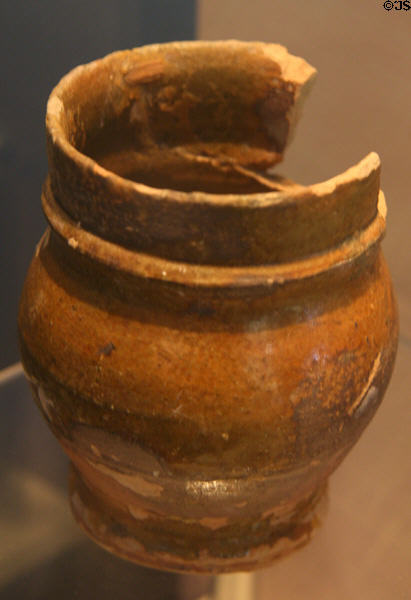 Pottery mug (c1630-40) by a Jamestown potter in Jamestown National Park Museum. Jamestown, VA.
