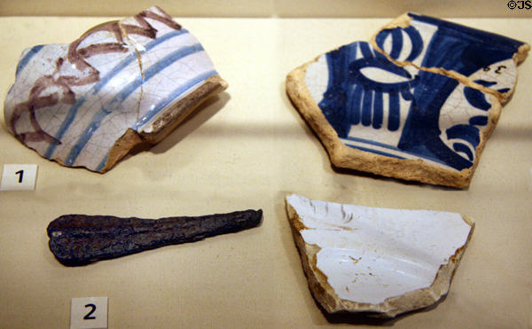 Delftware items (c1625-75) found at Jamestown in Jamestown National Park Museum. Jamestown, VA.