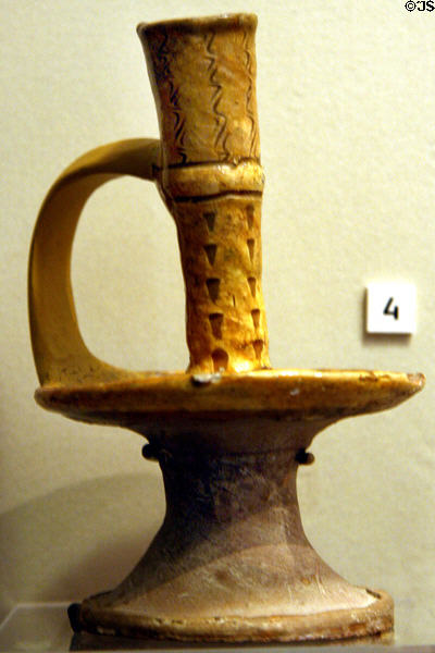 Sgraffito slipware candlestick (c1670-90) from North Devon, England in Jamestown National Park Museum. Jamestown, VA.